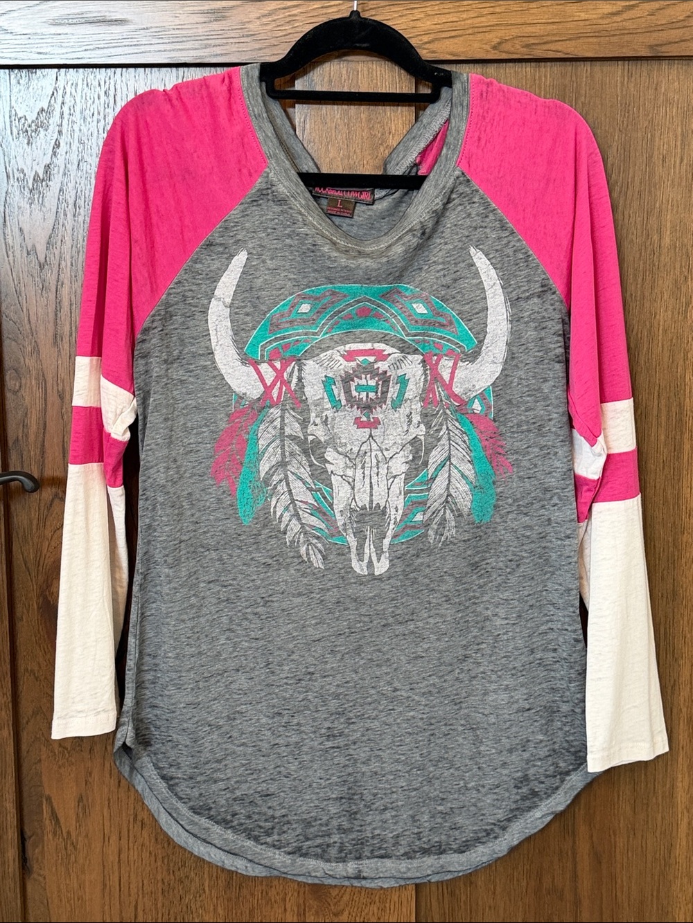 Rock & Roll Cowgirl Grey Tee with Pink Sleeves & Teal Graphic